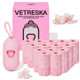 VETRESKA Dog Poop Bag Dispenser with Cherry Blossom Scented Poop Bags, Leak Proof and Extra Thick Pet Waste Bags, 1 Poop Bag Holder and 105 Bags for Dog Walking and Cats Litter, Pink