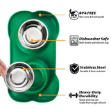 Dog & Cat Feeding Set – 2 Stainless Steel Bowls with No-Spill Silicone Mat + Food Scoop (S)