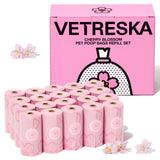 VETRESKA Dog Poop Bag Dispenser with Cherry Blossom Scented Poop Bags, Leak Proof and Extra Thick Pet Waste Bags, 1 Poop Bag Holder and 105 Bags for Dog Walking and Cats Litter, Pink